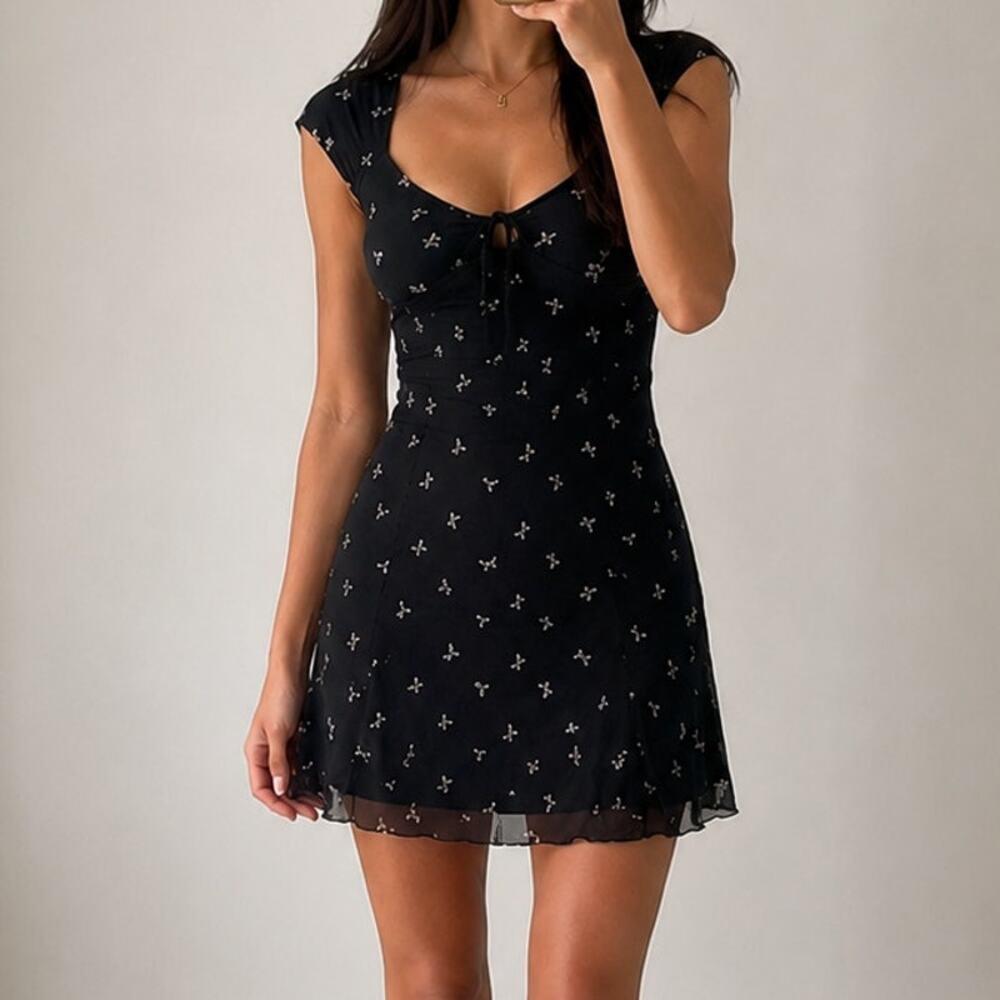 No Comment🌿Black Mesh Pink Bows Mini Dress Women’s Size Medium Y2K Fairy Grunge